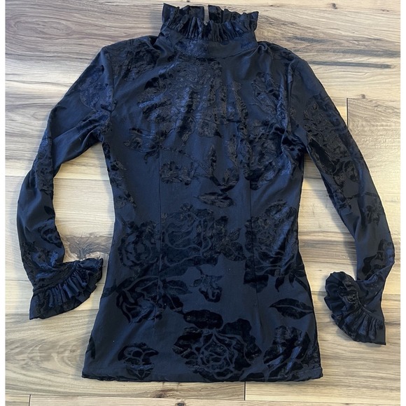 playmates toys Tops - Vintage Black Burnout Velvet High-Neck Ruffle Top Long Sleeve Floral Blouse Sz S